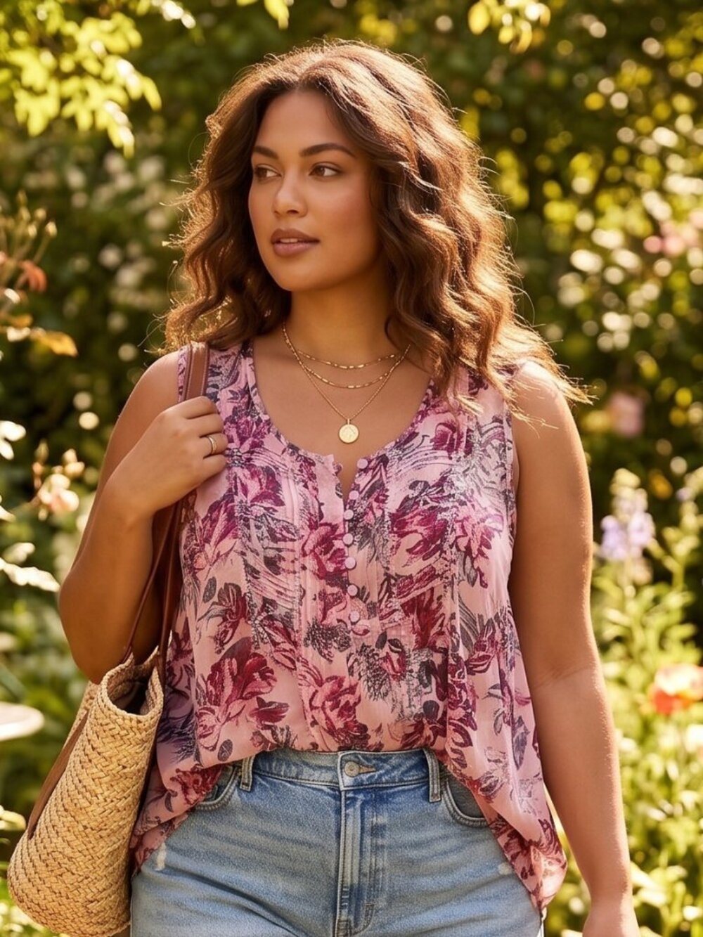 DC Jeans Pink Floral Sleeveless Blouse 2X Sheer Button Front Boho Romantic Tank